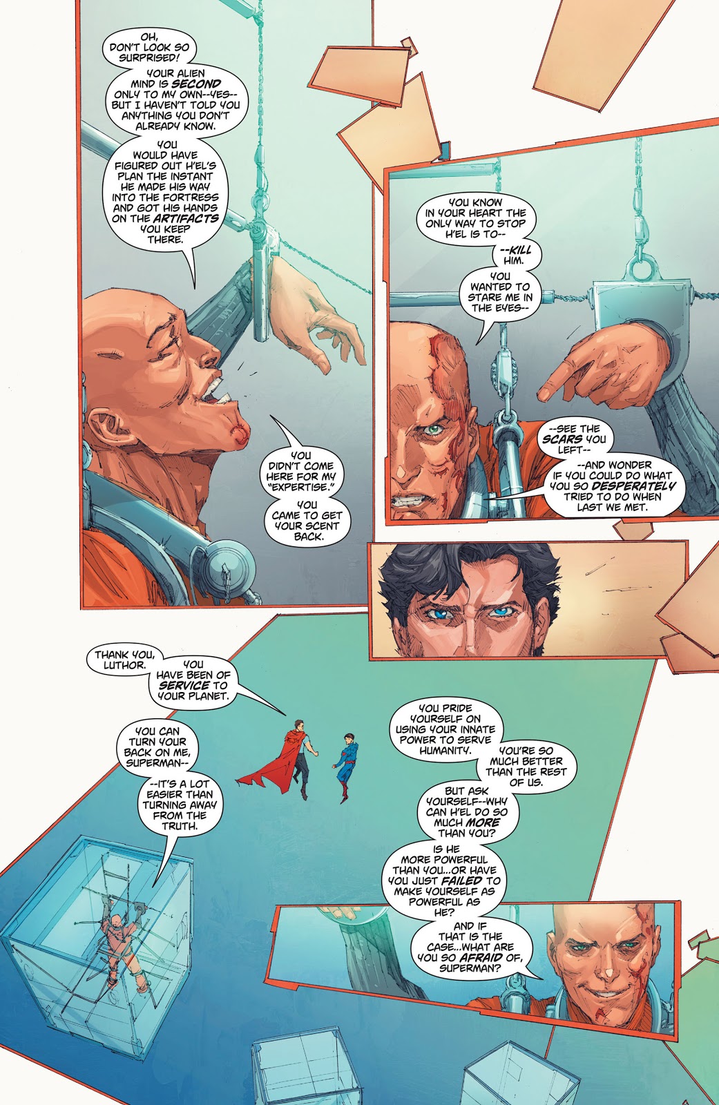 In 'Action Comics' (2013) #15, Lex Luthor imprisoned at a military facility, states Superman's mind is second to his.