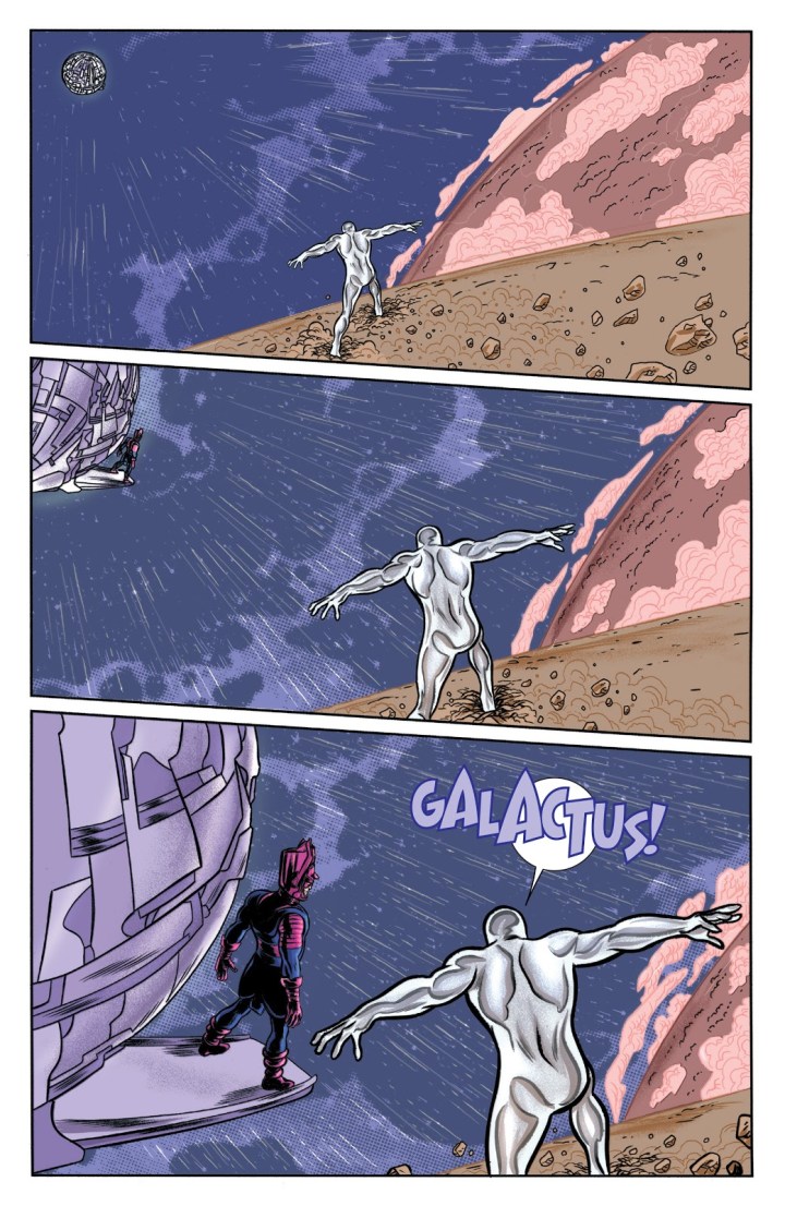 In 'Silver Surfer' (2015) #9, Silver Surfer moves the moon out of orbit and slams it into Galactus at superluminal speed.