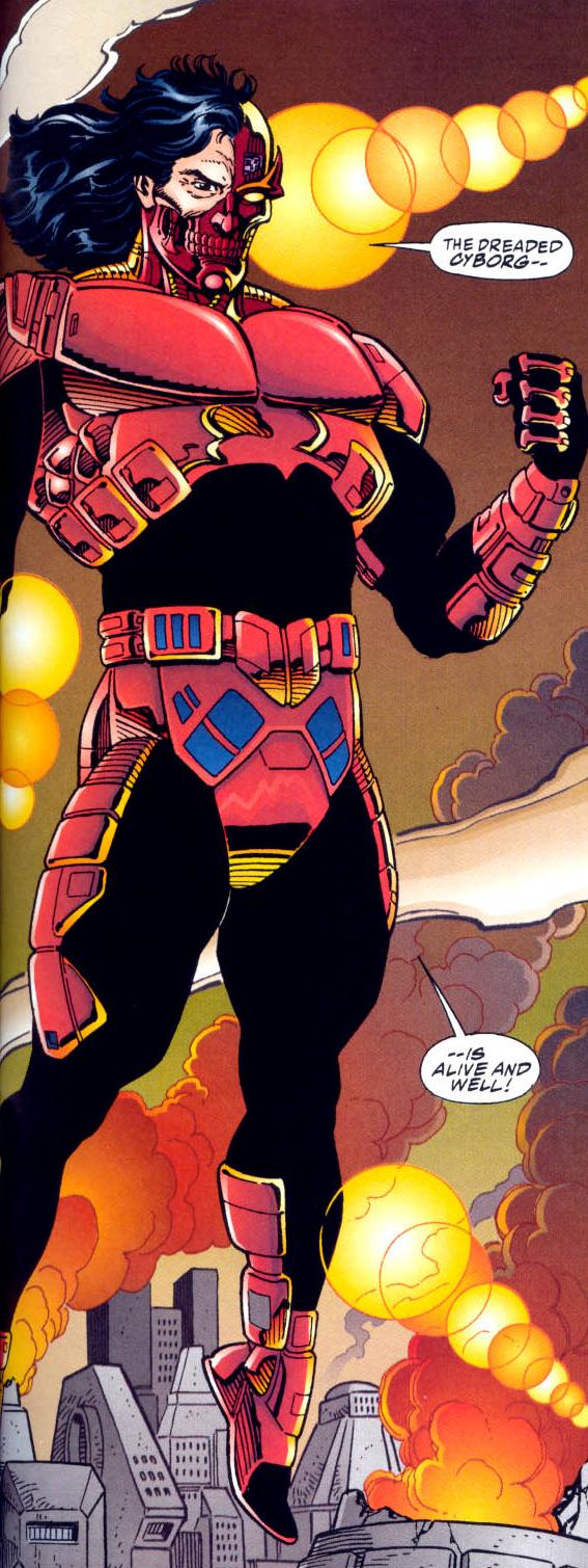 In 'Superman/Doomsday' (1994) #2, Cyborg Superman resurrects with an Apokoliptian exo-armor upgrade.