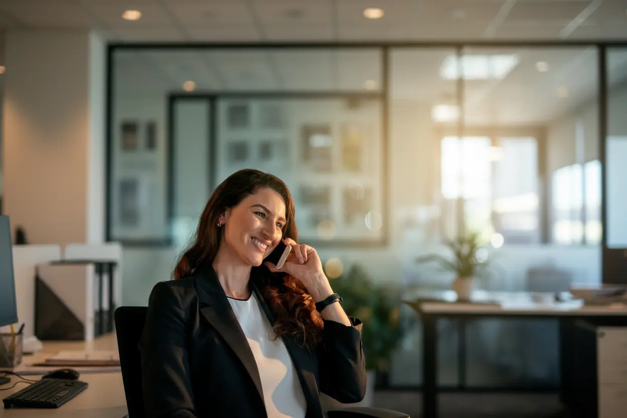 a girl happyily talking on the phone about AI-powered collection platform truedigi