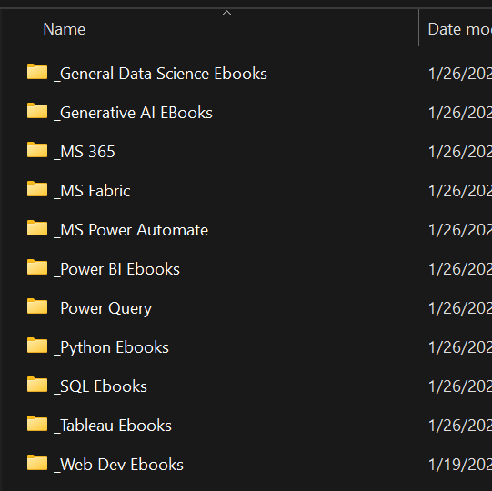 Windows Explorer showing PDF books organized in topic-specific folders including Tableau, Python, SQL, and Data Science