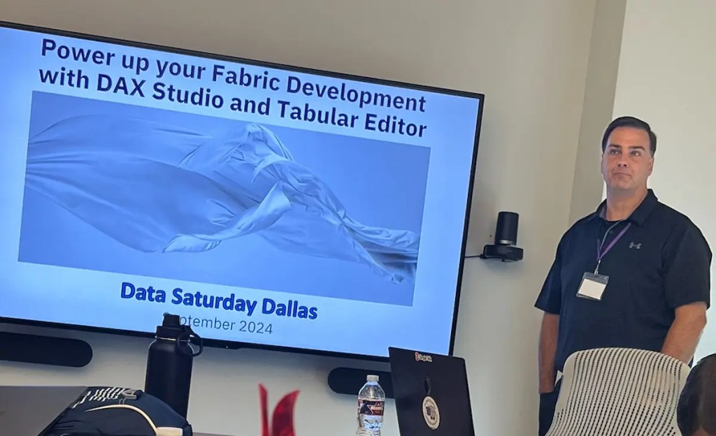 Presenter at Data Saturday Dallas 2024 demonstrating Fabric Development tools.