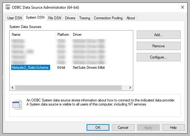 ODBC Data Source window highlighting the connection created for Netsuite2_StaticSchema using 64-bit driver