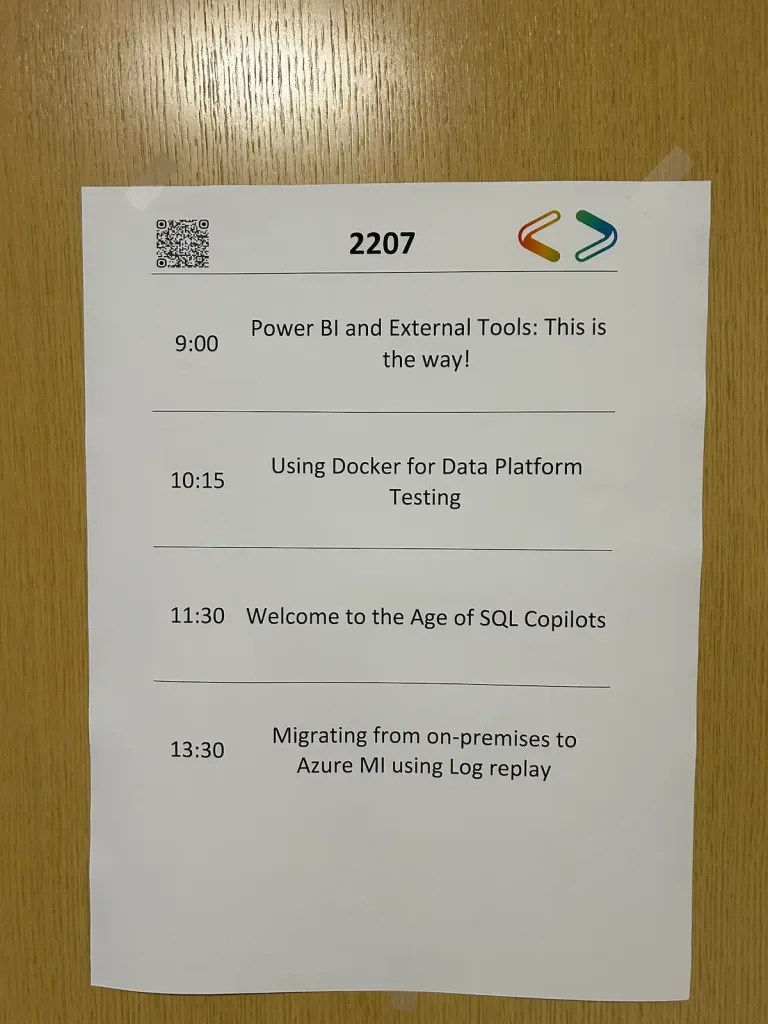 Session sign for room 2207 that has Power BI and External Tools: This is the way! on the schedule as well as other sessions