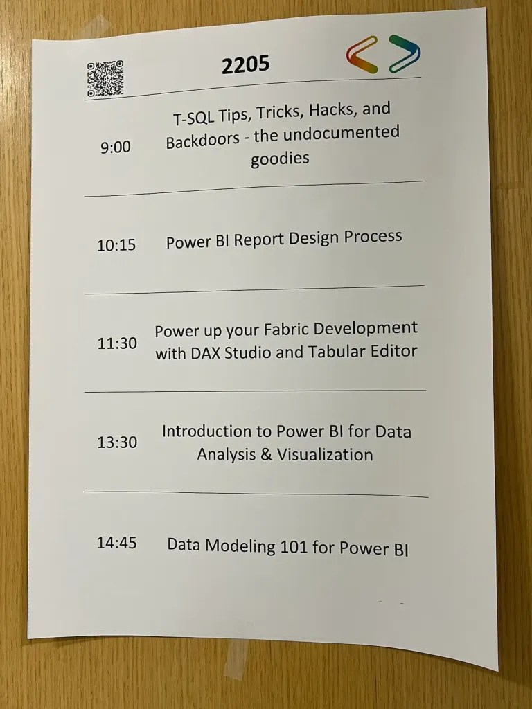 Session sign for room 2205 that shows Power up your Fabric Development with DAX Studio and Tabular Editor as well as other sessions
