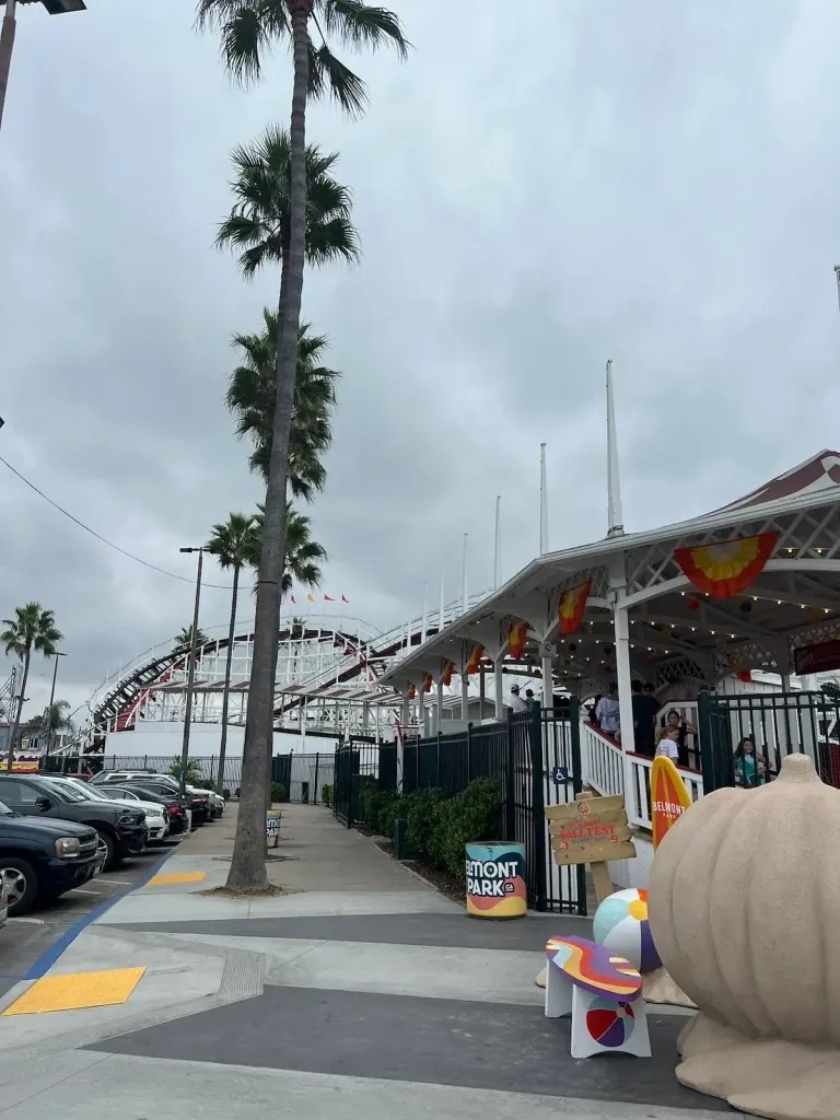 Palm trees with rollercoaster ride in the background and a sign saying Belmont Park
