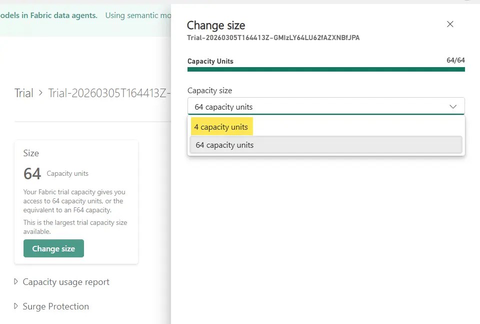 Fabric capacity size selection showing F4 option as well as F64 option