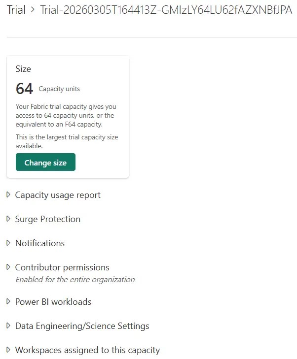 Fabric capacity settings panel showing the Change size button and currently set to 64 Capacity Units