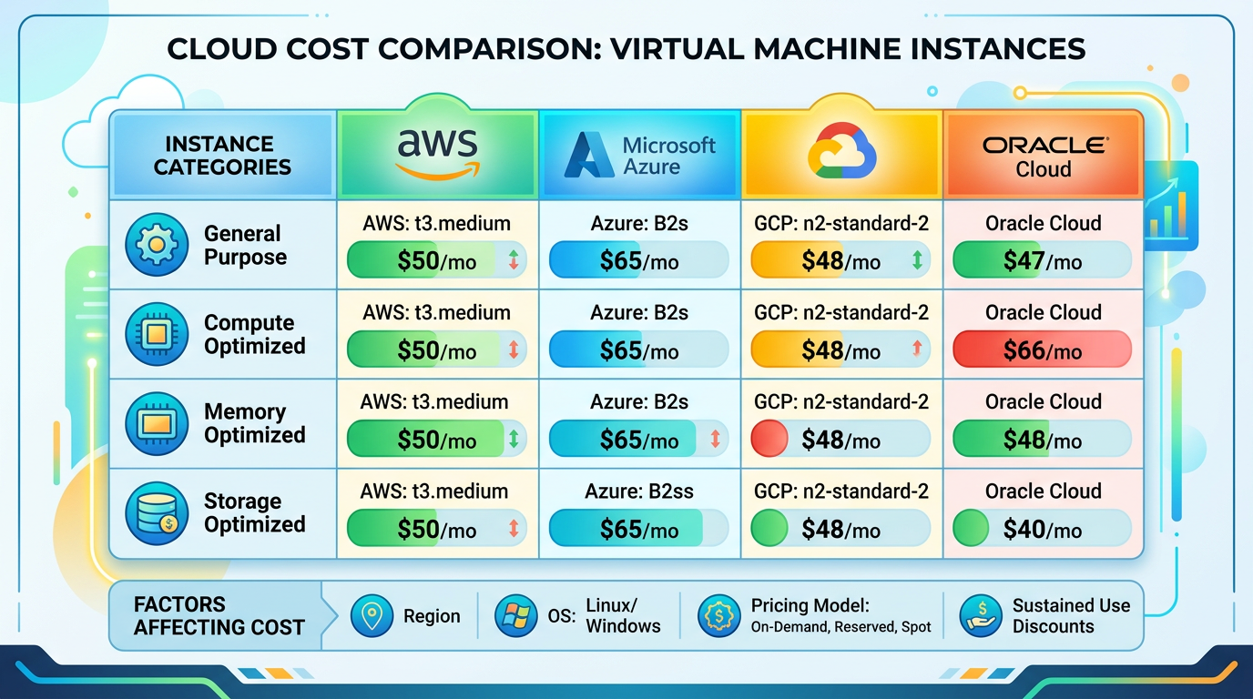Price comparison of AWS, Azure, Google Cloud, and Oracle Cloud virtual machine instance categories