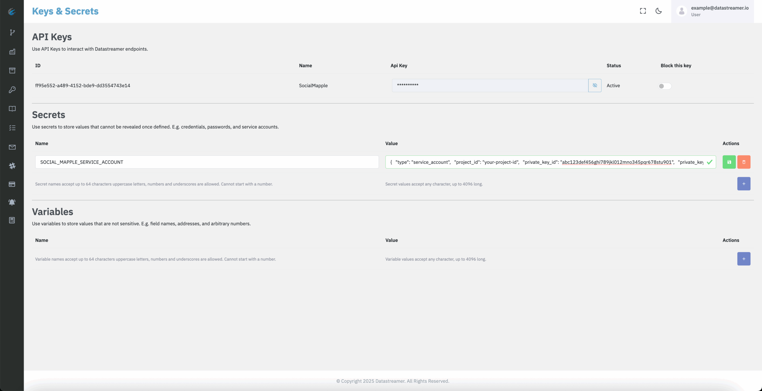 Screenshot of the Datastreamer Keys & Secrets page showing an active API key and a configured Google Cloud service account secret for pipeline access.