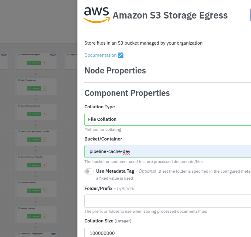 Screenshot of Datastreamer’s AWS S3 Storage Egress configuration panel, showing how external storage integrations connect to threat detection pipelines. The interface displays settings like collation type, bucket name, and metadata options, enabling processed data from Datastreamer’s pipeline—including classification, translation, and sentiment analysis—to be stored for downstream analytics or integration with external systems such as SIEM platforms, CRMs, or messaging tools like Slack and PagerDuty.