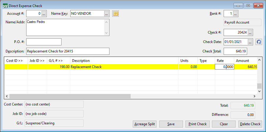 Direct Expense Check Replacement Check