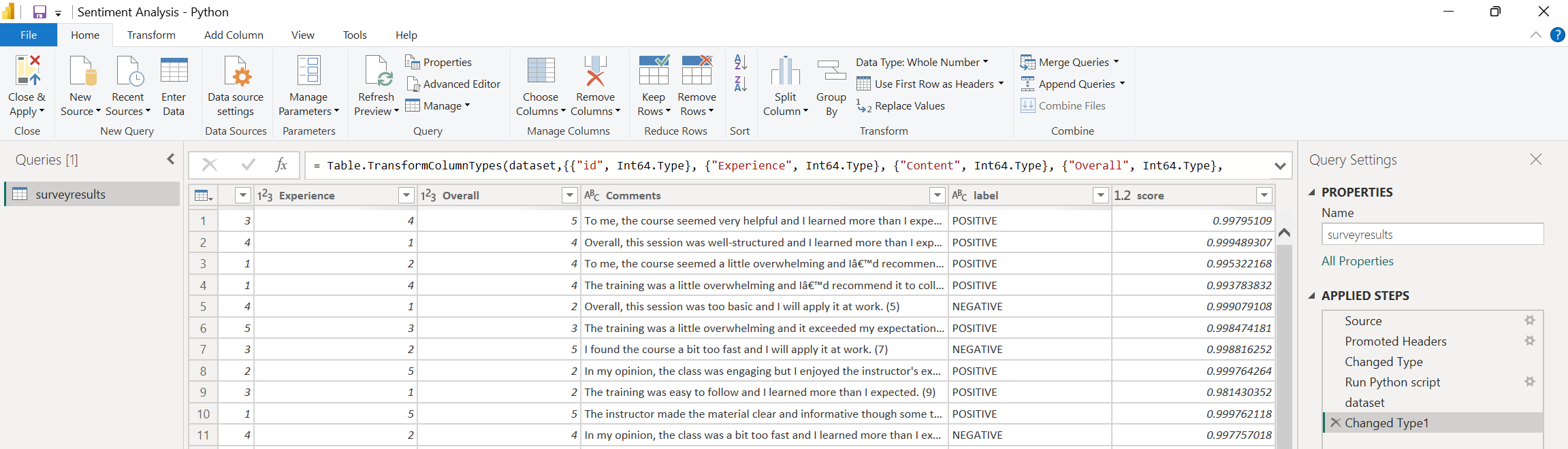 Screenshot of the sentiment label and score from Hugging Face in place of Azure cognitive services.