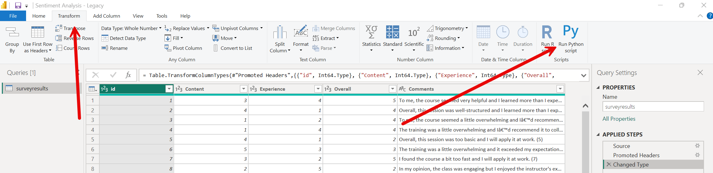 Screenshot of Power Query with arrows directing you to the Transform tab and then the Run Python Script button to replace Azure Cognitive Services in Power Query.