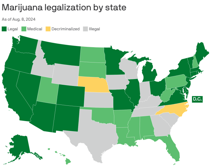 Marijuana for recreational use legal in 24 states, 38 states medically Where is medical marijuana legal