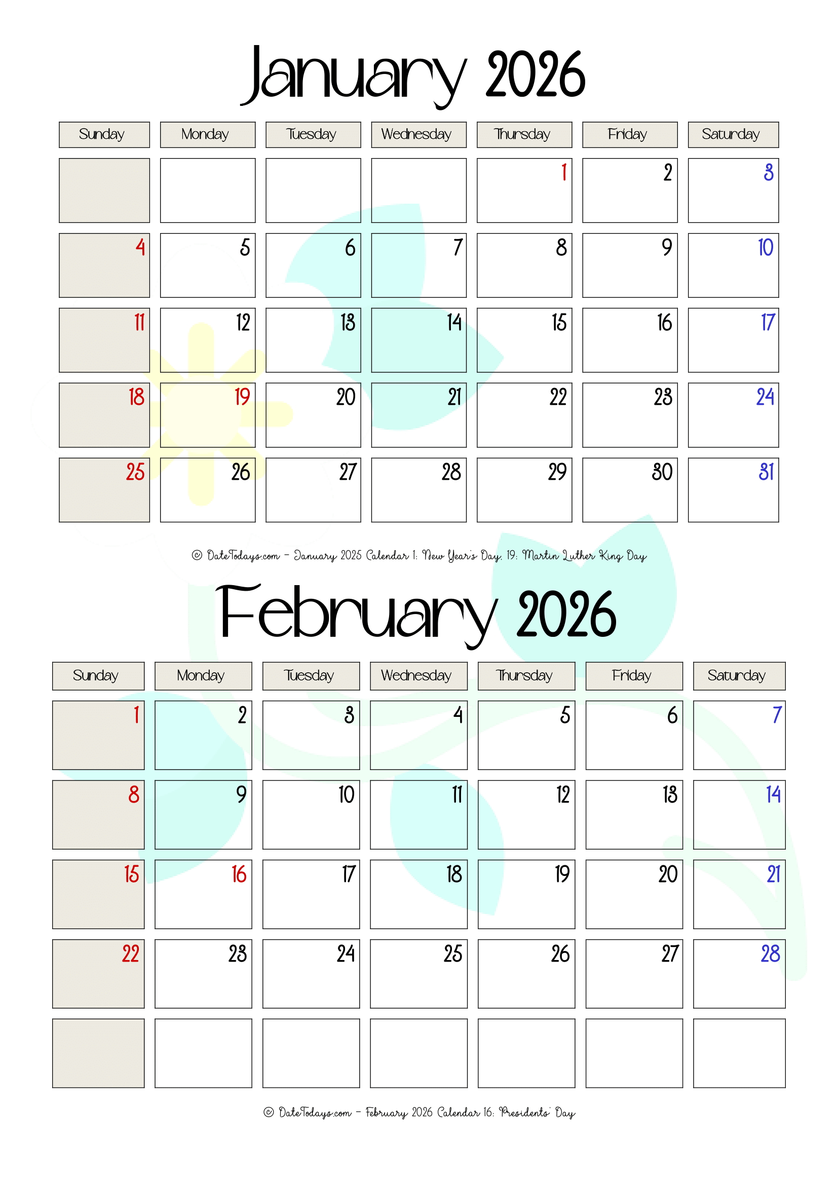 January February 2026 Calendar Printable All For One January February 2026 Calendar Printable 