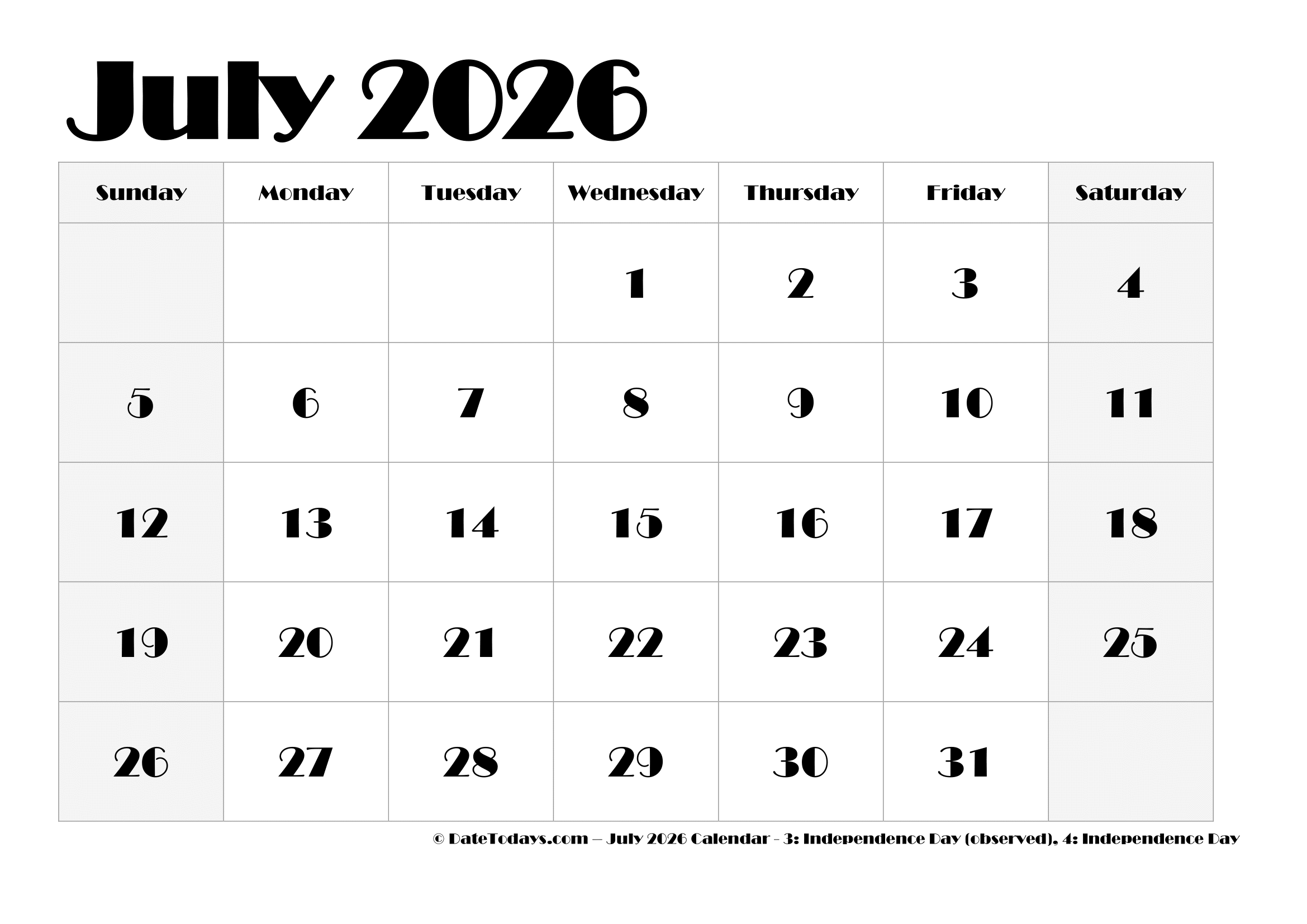 July 2026 Calendar With Holidays Printable Pdf July 2026 Calendar With Holidays Printable Pdf