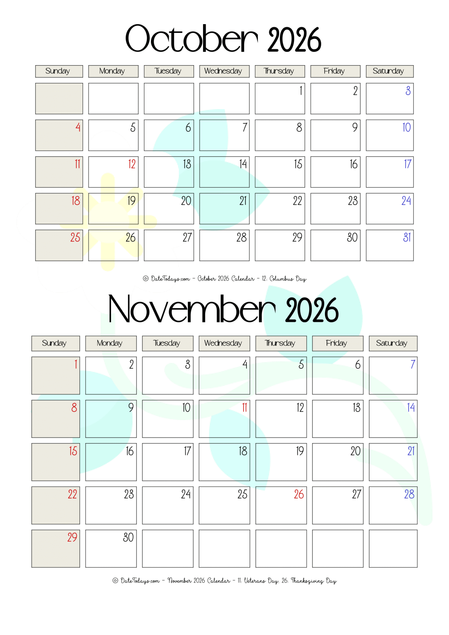 November December 2026 Calendar Printable October 2026.