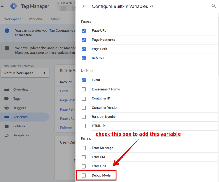 Configure the "Debug Mode" built-in variable