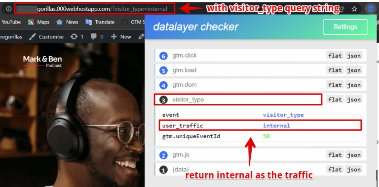 Scenario 2: Outisde Google Tag Assistant, but with the "?visitor_type=internal" query string available