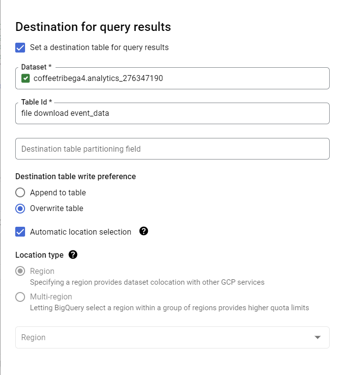 Datola DD Big Query schedule query table settings