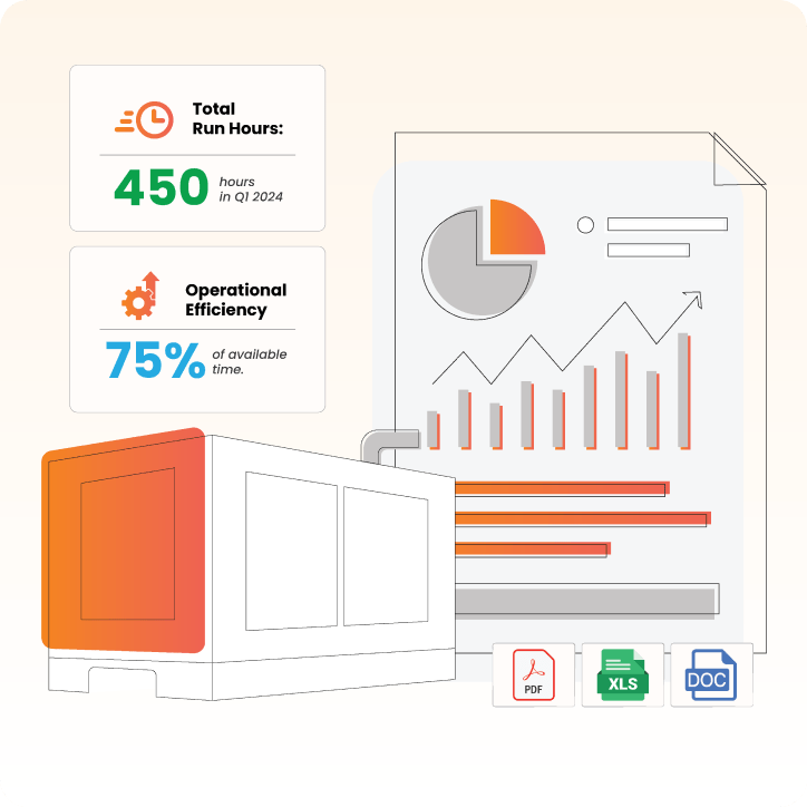 Analytics dashboard showing generator run hours, fault trends, and fuel usage insights