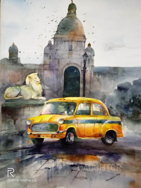 900x700 rickshaw watercolor painting drawing fornies s.a. Yellow Taxi Daughtor
