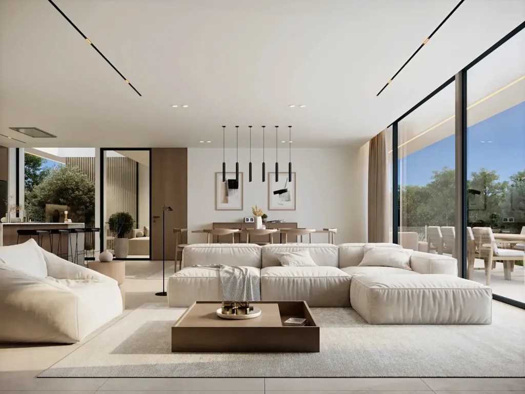 Render del amplio salón con estilo minimalista