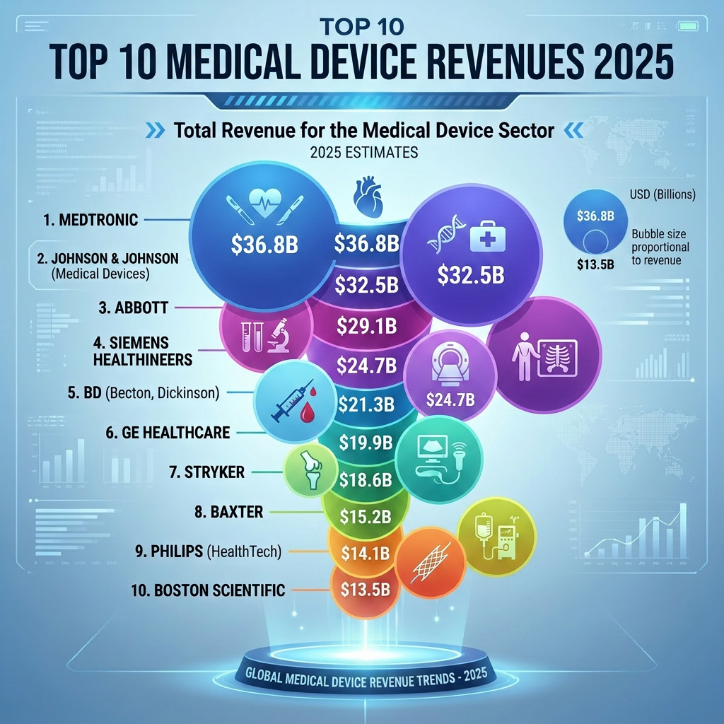 Top 10 medical device companies ranked by 2025 estimated revenue in billions of USD with proportional bubble sizes