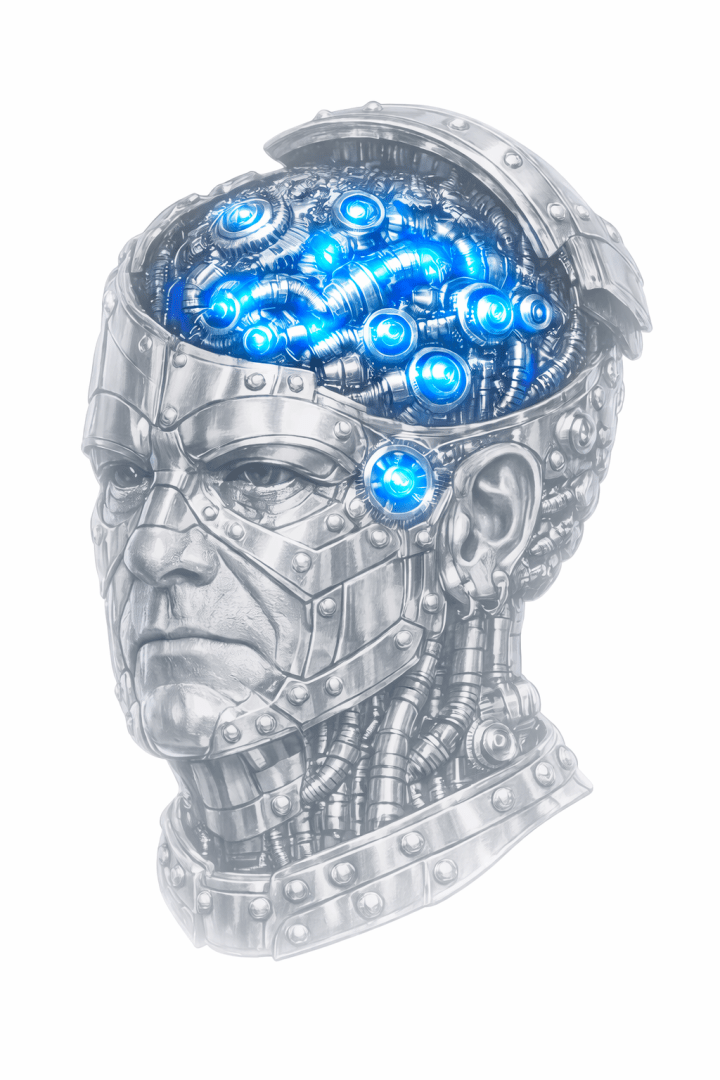 A metallic cyborg head with an open skull revealing a complex mechanical brain with glowing blue components