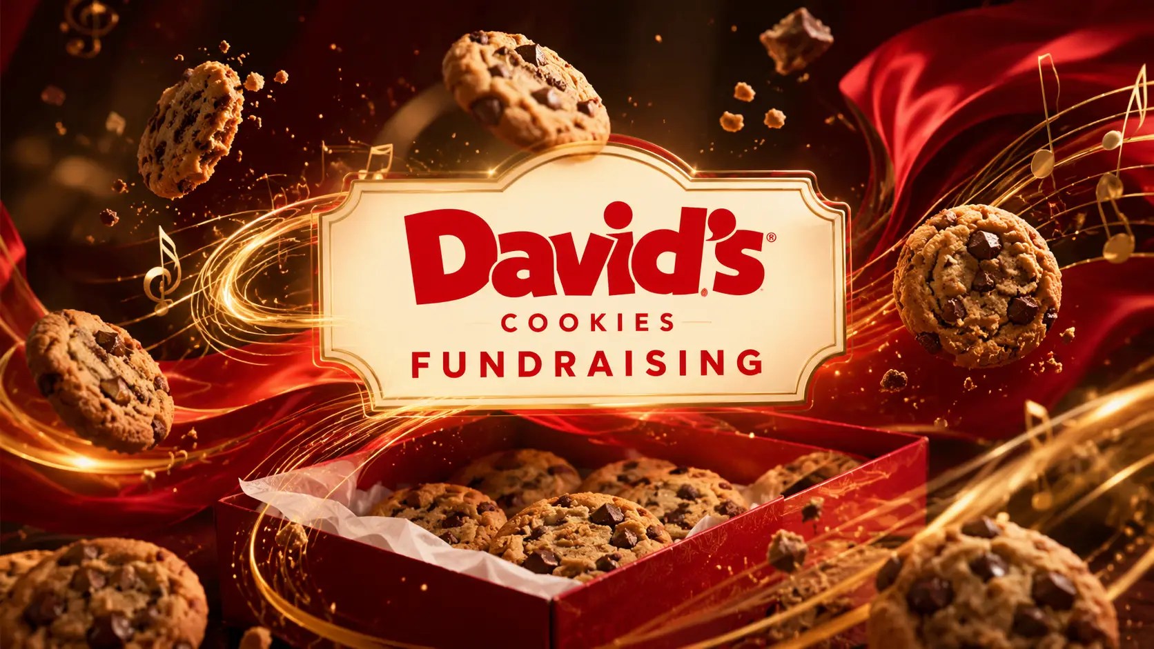 Stylized David’s Cookies Fundraising logo surrounded by chocolate chip cookies, golden musical notes, and flowing red fabric in a vibrant celebratory scene.