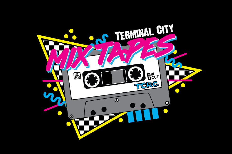 A logo design for a roller derby team called the "Terminal City Mix Tapes". The design has a bright, 80's inspired aesthetic and includes an image of a cassette tape surrounded by yellow, blue and pink lines, dots and squiggle shapes.