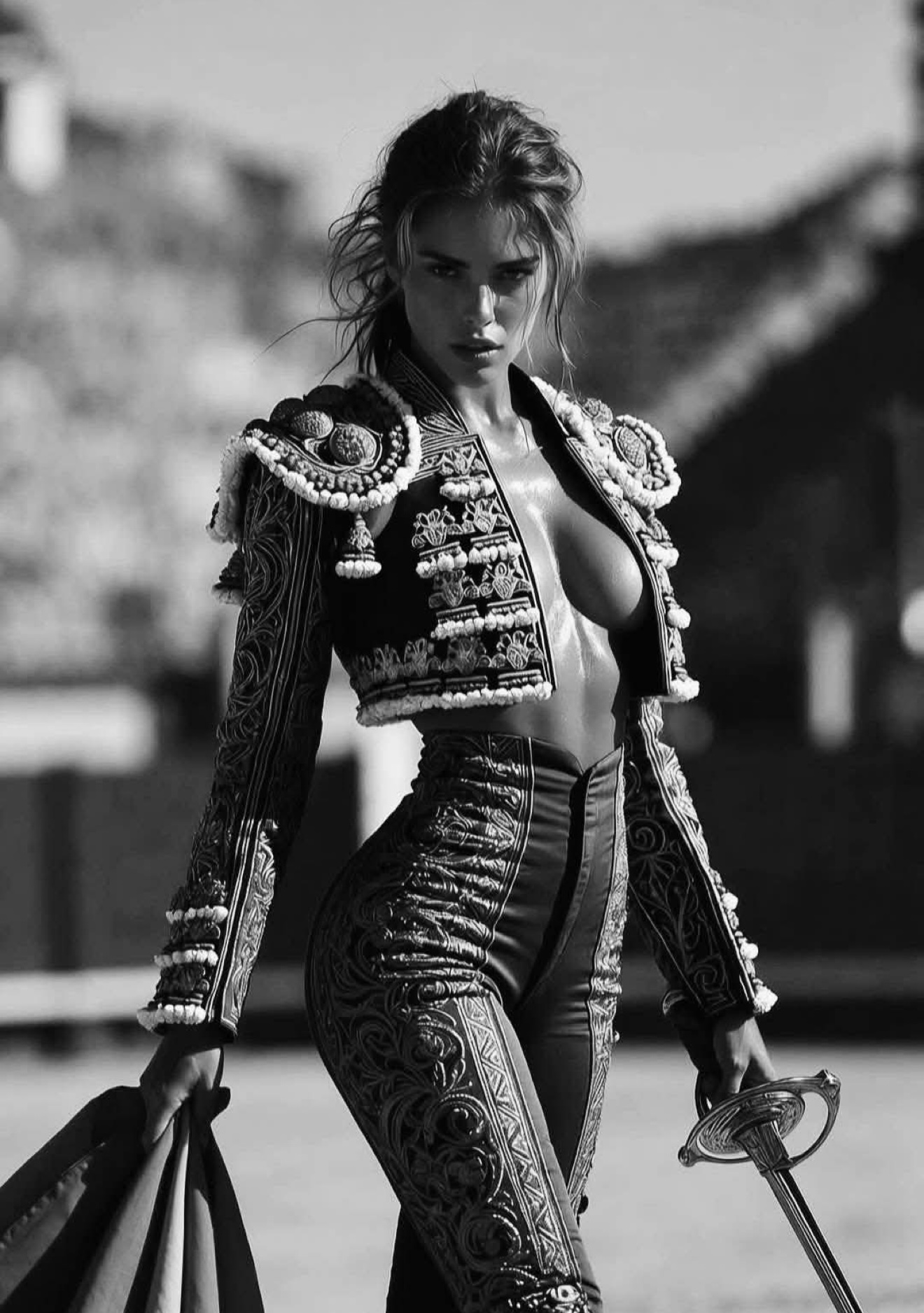 Mujer torera vestida de luces en una fotografía artística en blanco y negro