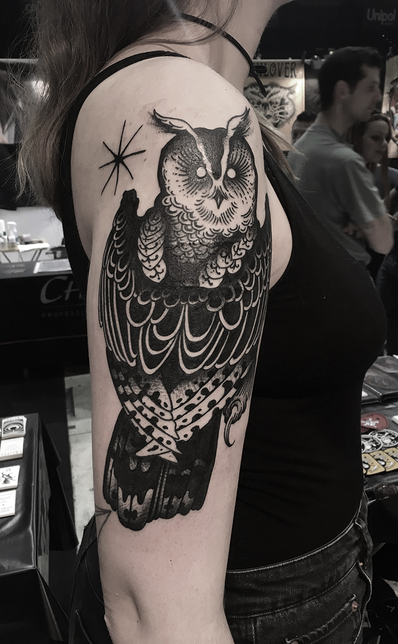 Owl, heart and goat – David Tejero Tattoos & Artwork