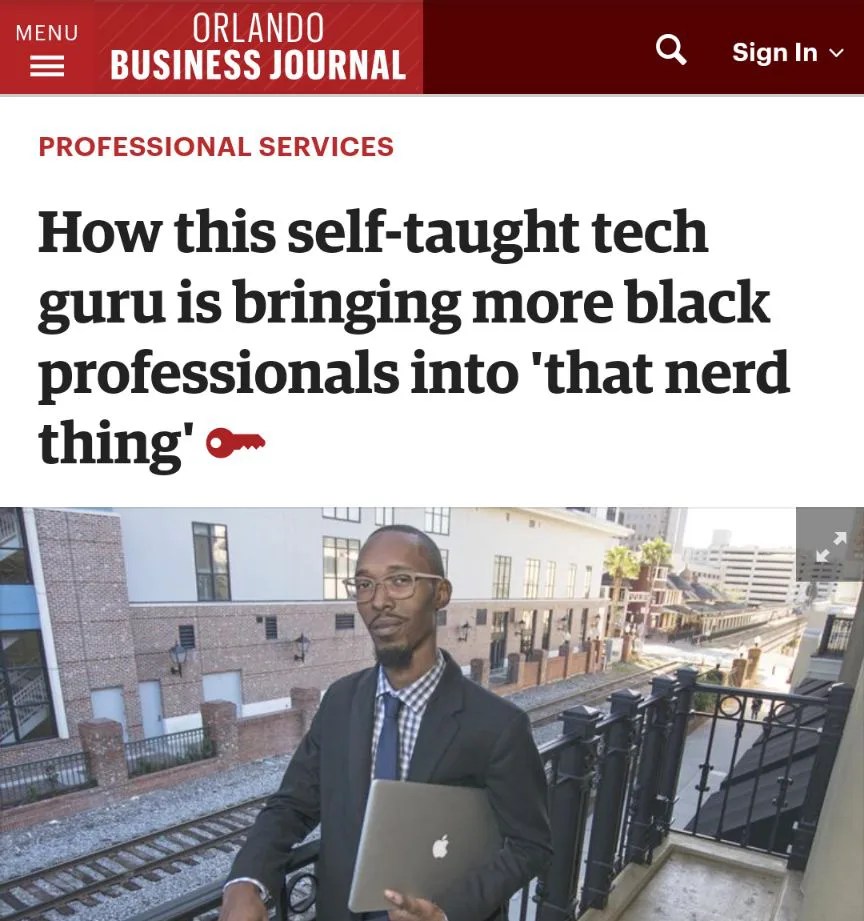 Orlando Business Journal article: How this self-taught tech guru is bringing more black professionals into 'that nerd thing', with a photo of David Yarde