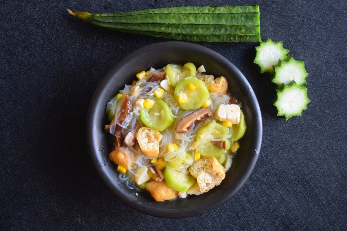Luffa with Corn, Shiitake and Glass Noodles