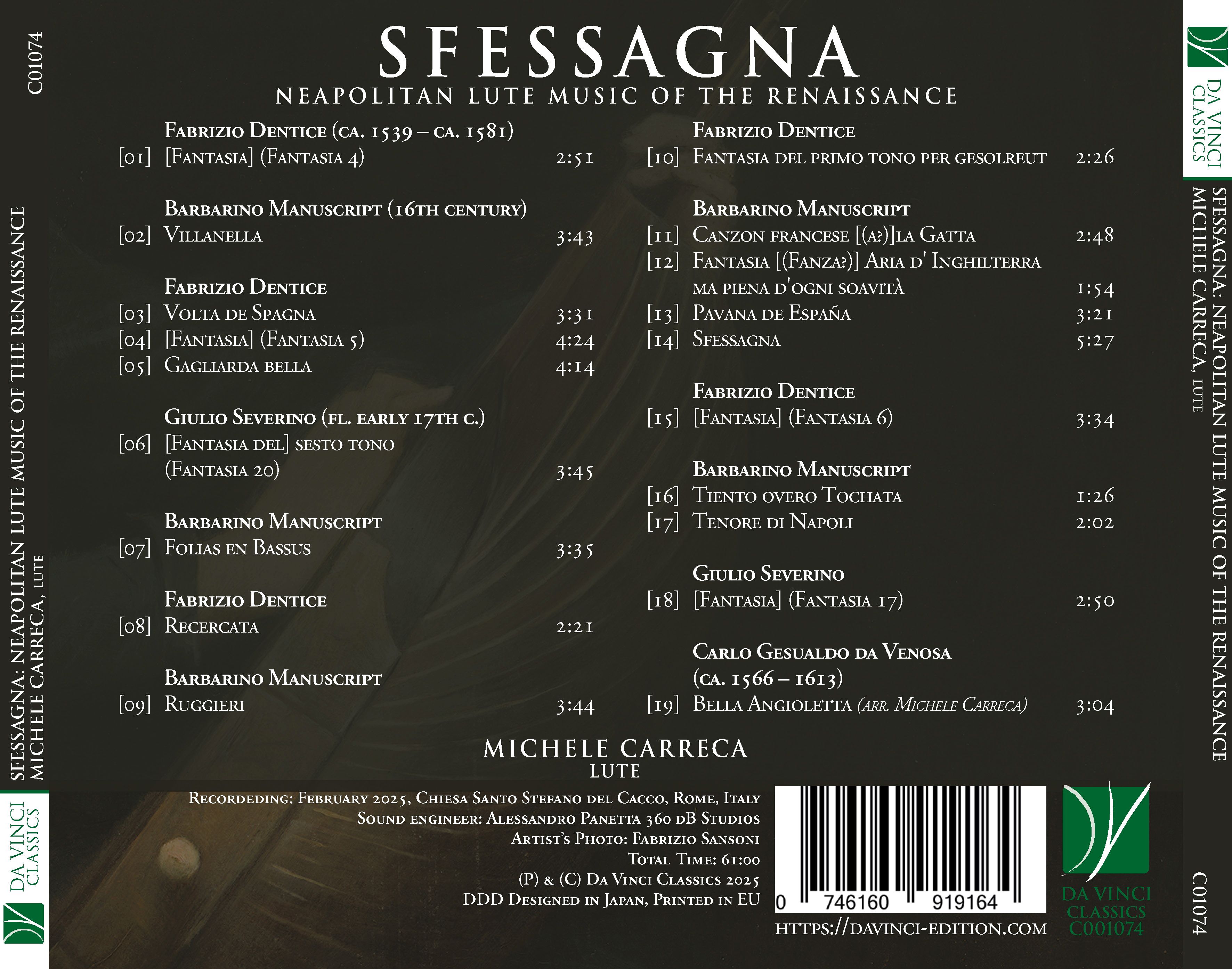 DA VINCI PUBLISHINGSfessagna: Neapolitan lute music of the Renaissance
