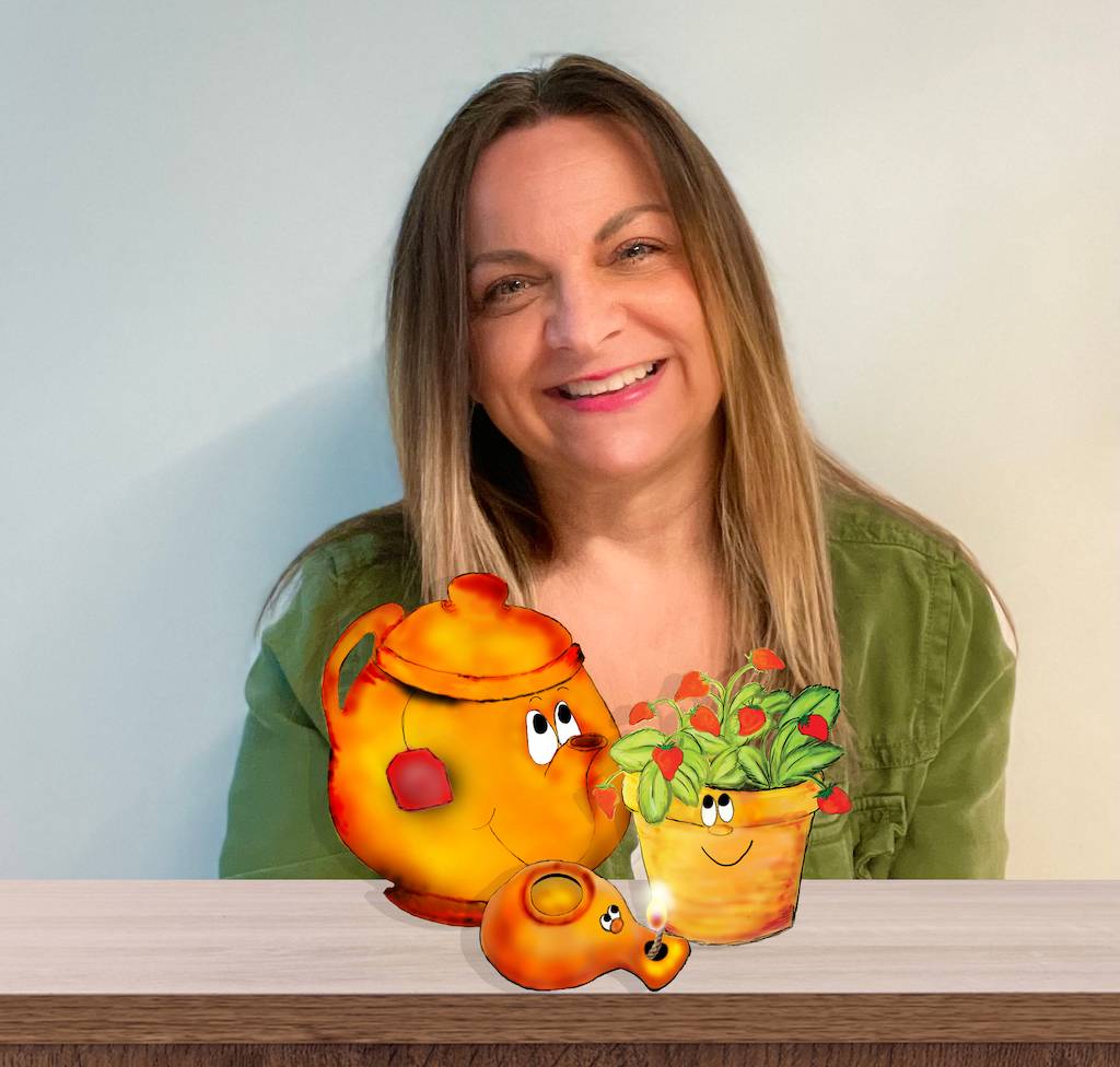 author image Dawn Stephens with book characters Little Pot, Tea Pot, and Oil Lamp
