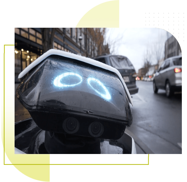A Dax robot looks at the camera from a street in Salem, OR
