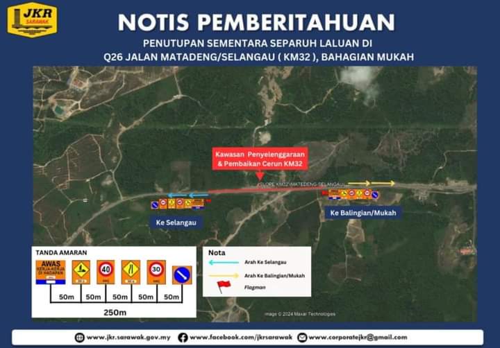 Temporary lane closure along KM36 Jalan Matadeng-Selangau Mukah from July 13 to Nov 27