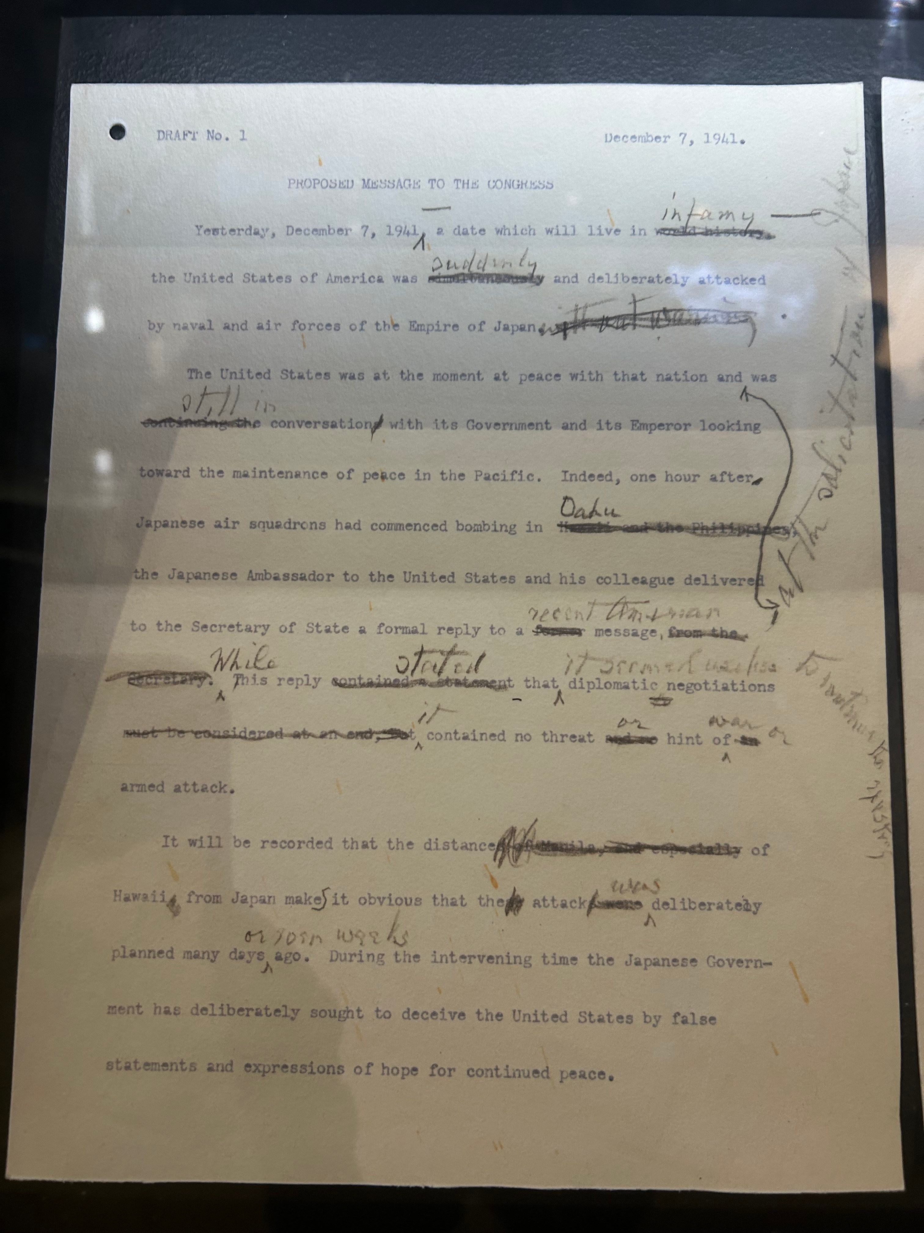 Draft of address to Congress after the attack on Pearl Harbor 
