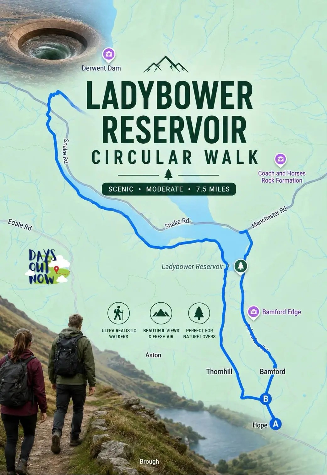 Ladybower Reservoir and its surrounding wooded hills in the Peak District