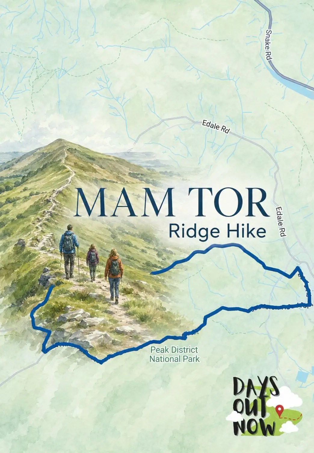 The stone path crossing Mam Tor and the Great Ridge above Hope Valley in the Peak District