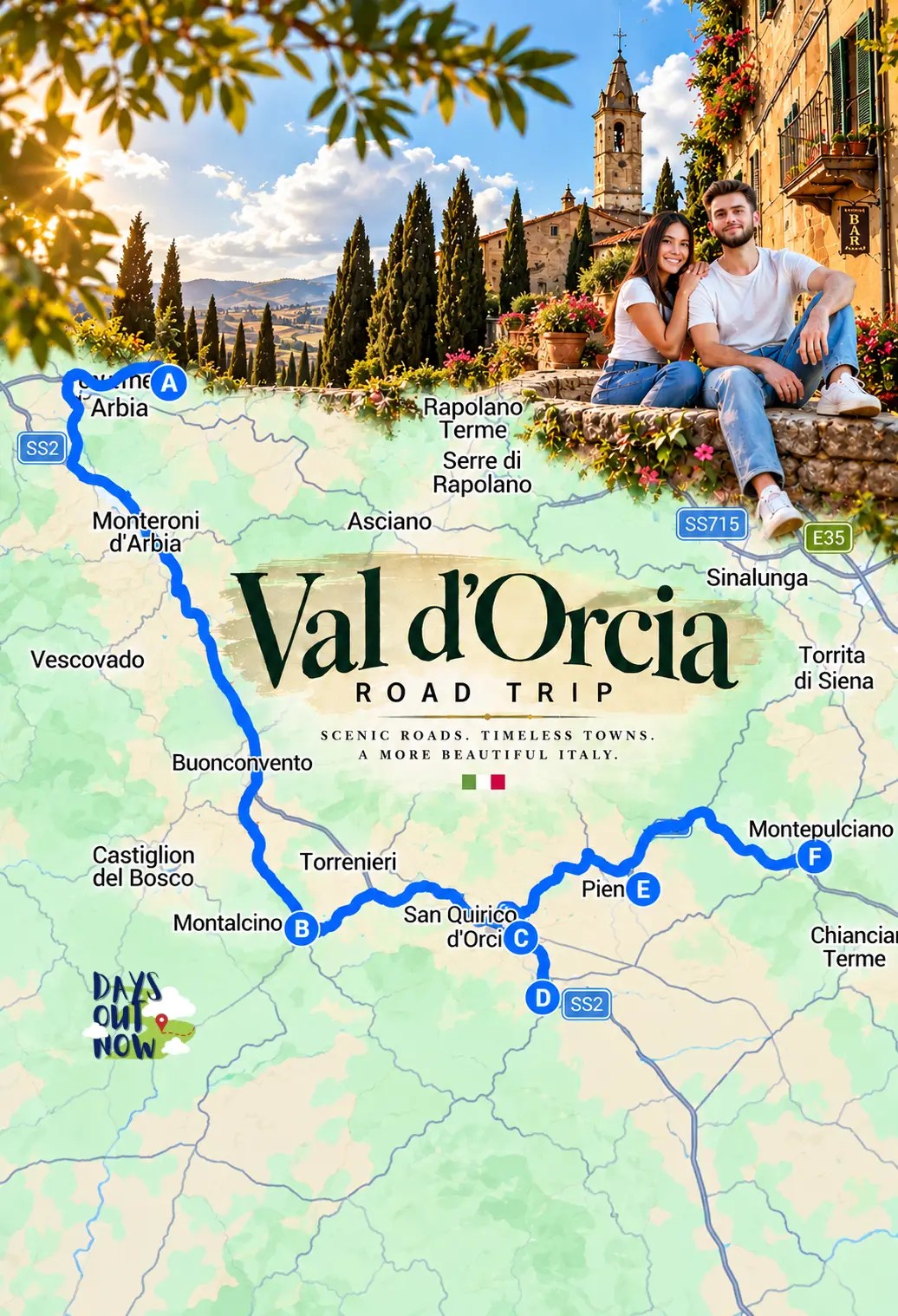 Route poster for Val d’Orcia Road Trip: 5 Days Through Tuscany’s Hill Towns, showing the main stops in driving order.