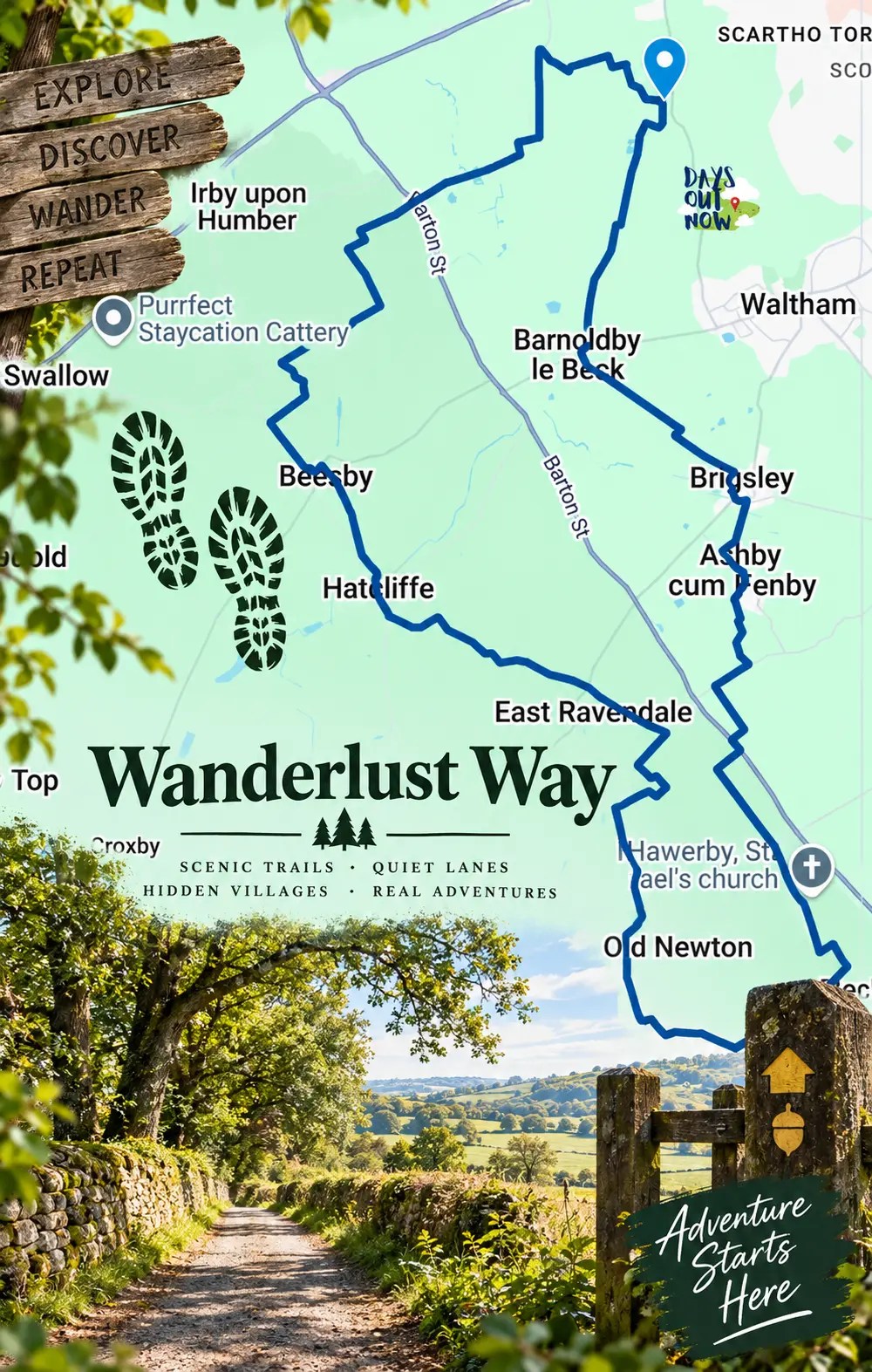 Outline of the Wanderlust Way circular walk, with Bradley Woods marked as the start and finish.