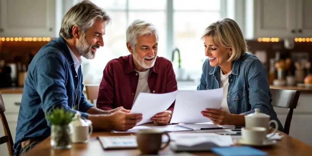 Couple reviewing financial documents at a kitchen table.