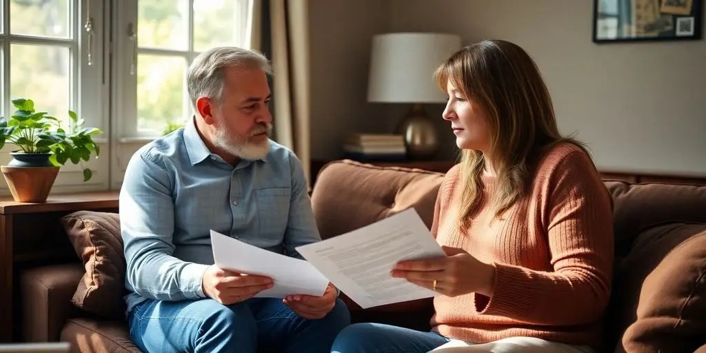 Couple discussing social security benefits at home.