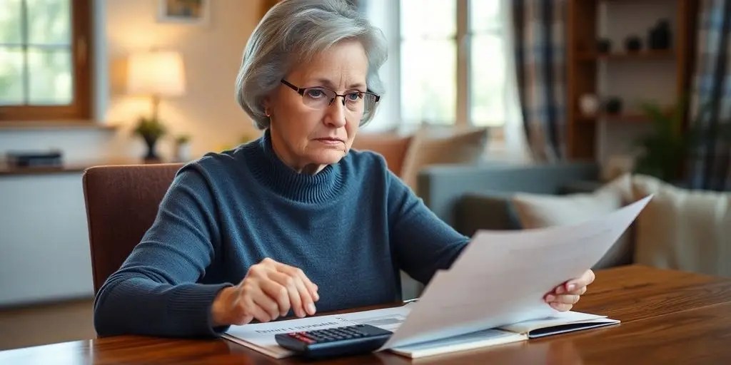 A widow reviewing financial documents with a calculator.