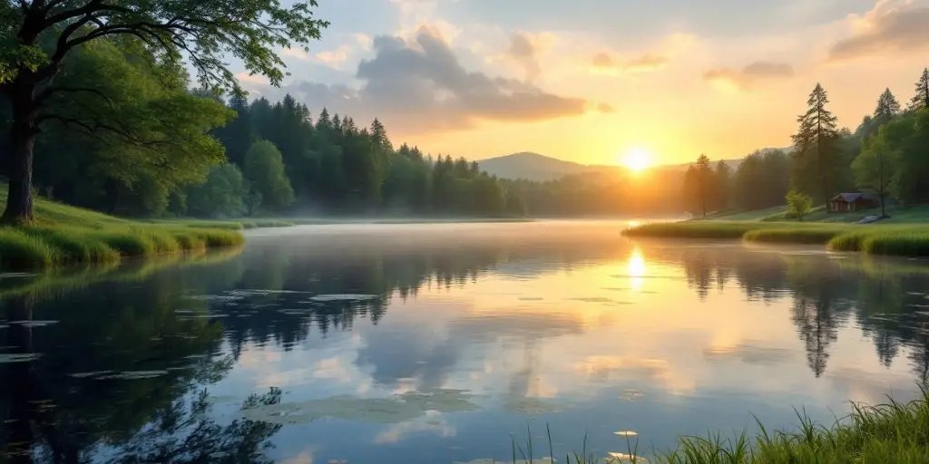 Scenic lake view with sunset and greenery.