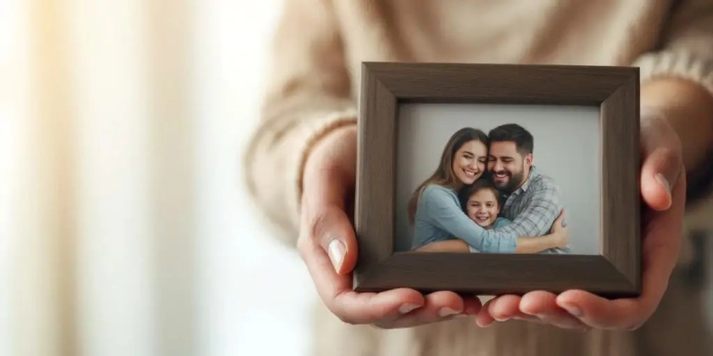 Grieving person holding a framed photo of a loved one.